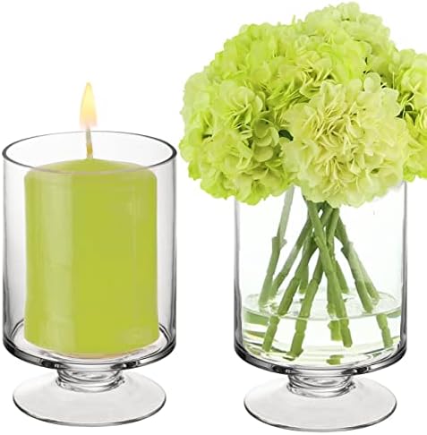 CYS EXCEL Glass Hurricane Pillar Candle Holders (H:6" W:3.75", 2 PCS) | Multiple Size Choices Short Stem Candle Jars | Stemmed Glass Cylinder Candle Vase by CYSEXCEL%C2%AE