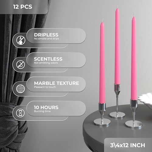 CANDWAX Pink 12 inch Taper Candles Set of 12 - Unscented Smokeless Dripless Pink Candlesticks - Perfect as Easter Candles and for Holidays, Ordinary Dinners and Special Occasions - Tall Candle Sticks - Image 3