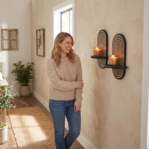 Black Arch Candle Sconces Set of 2, Wooden Wall Mounted Candle Holders for Pillar Candles & Tealight Candles, Boho Farmhouse Wall Decor for Hallway Fireplace Bedroom Living Room - Image 6
