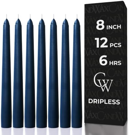 CANDWAX 8 inch Tapered Candles - Set of 12 Dripless Dinner Candles - Dark Blue by CANDWAX