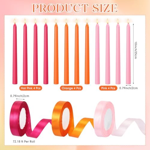 12 Pcs Pink and Orange Party Taper Candles with 3 Roll Ribbon - Image 2
