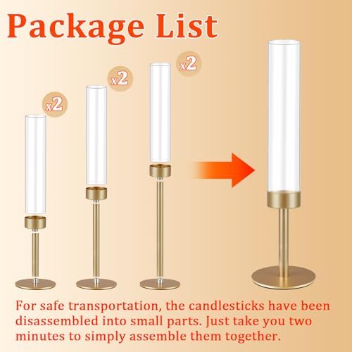 6Pcs Hurricane Glass Candle Holders Gold Candlestick Holders Taper Candle Holder with 9.8" Windproof Clear Cylinder Covers for Outdoor Indoor Tall Candle Stick Holder Decor for Wedding Party Fireplace - Image 5