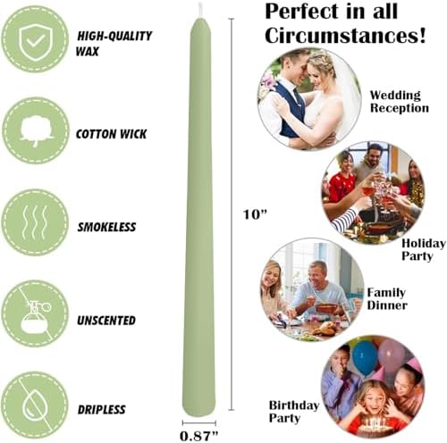 12-Pack Sage Green Taper Candles, 10 Inch Unscented Dripless Candlesticks, Long-Lasting Burn Time of 7-8 Hours, Perfect for Home Décor, Spring and St. Patrick's Day - Image 7