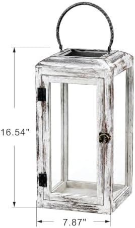 16" High Wooden Lantern Made of Solid Firwood in Whitewash with Metal Handle,Hurricane Lantern, Farmhouse Lantern for Party, Deck, Front Porch - Image 2