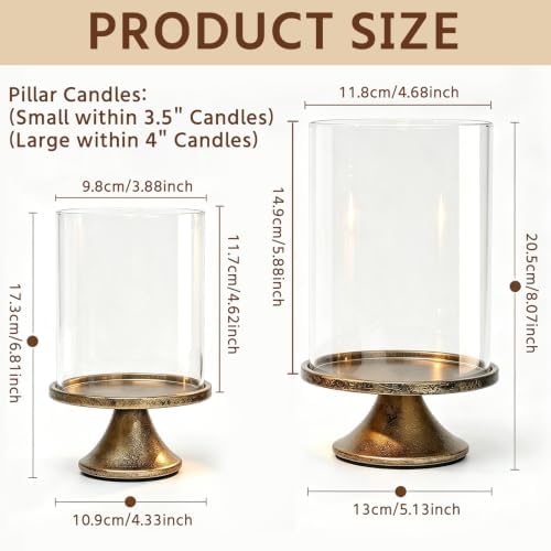Hurricane Glass Candle Holders Set of 2, with Glass Dome and Iron Base, Vintage Decorative Pillar Candle Holder for Mantel, Living Room, Dining Room Centerpiece, Home Decor - Image 2