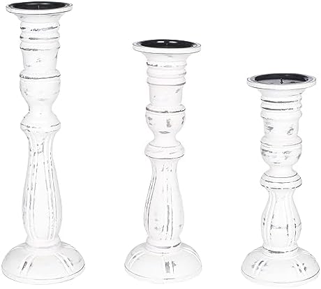 Wooden Candle Holder Set of 3, Tall White Antique Pillar Candle Holders, Rustic Farmhouse Decor, Brown Wooden Candle Stands for Home Decoration - 16, 14, 12 Inch Height - Image 5