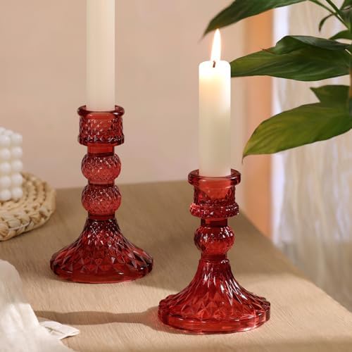 DARJEN Red Glass Candlestick Holders Set of 6, 4" H & 5" H Taper Candle Holders for Candlesticks & Pillar Candles, Diamond Candle Holders for Wedding Party Table Centerpiece, Home Decor - Image 6
