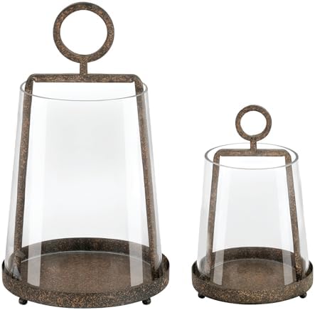9" & 6" Wide Modern Farmhouse Metal Hurricane Candle Holder with Handmade Sturdy Glass Sleeve in Rusty Brown for Pillar Candle & Plants, Glass Hurricane Lantern, Industrial, Minimalistic by Unknown