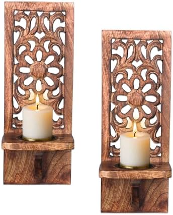 Wooden Wall Floral Carved Candle Sconces, 16 Inch – Burnt by HomebiaDesigns