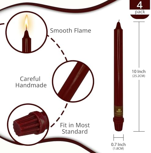 NJAO HOO Burgundy Taper Candle 10 Inch Christmas Candlesticks Red Unscented Dripless Handmade Candles for Home Decor Dinner New Year Party, 4 Pack - Image 3