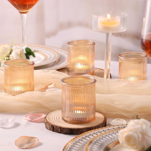 NITIME 32pcs Ribbed Gold Votive Candle Holders for Wedding Table Decor, Tea Light Candle Holder Glass, Gold Candle Holders for Table Centerpiece, Diwali and Holiday Decorations - Image 3