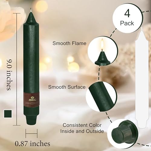 Christmas Hunter Green Candle 9 Inch Tall Smokeless Taper Candles 4 Pack Unscented Dinner Candle for Christmas Festive, Halloween Thanksgiving Day Fall Home Decor - Image 4