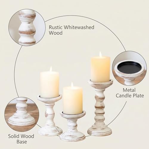 Romadedi Wood Candle Holders for Pillar, Whitewashed, Set of 3 - Image 6
