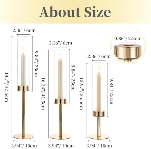 Hewory Gold Candlestick Holders: 6PCS Cylinder Glass Hurricane for Tapers - Image 4