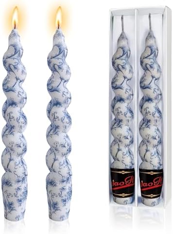 NJAO HOO Floral Taper Candles 7.5 in Spiral Candlesticks Hand Printed Blue Flower Candlestick Twisted Taper Candle for Home Garden Decor, 2Pcs by NJAOHOO