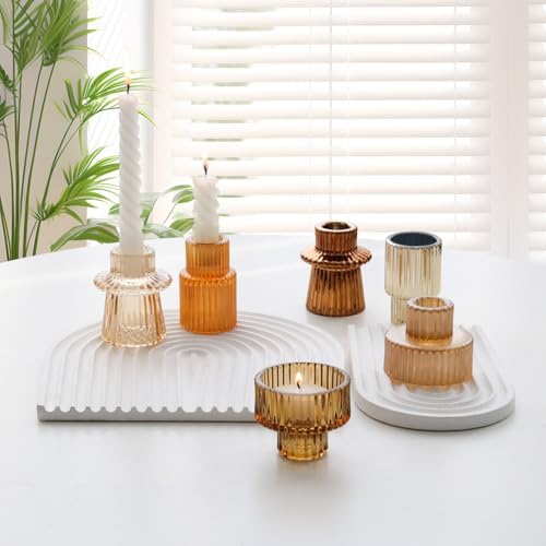Gold Candlestick Holders 6PCS for Tealight Candle Stick Candles, Ribbed Glass Taper Candle Holders Set Table Centerpieces for Thanksgiving Christmas Farmhouse Decor Indoor and Outdoor - Image 4