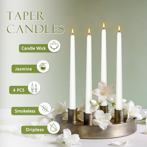 White Taper Candles, Mothers Day Gifts for Mom,10 Inch Dripless Candlestick, Jasmine Scented Colonial Candle, Dripless Long-Lasting Burning Candle Sticks for Home Décor, Dinner, Weddings,4Pack - Image 2