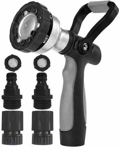 Garden Hose Nozzle with Quick Connect Set - Zinc Alloy High Pressure Sprayer, Fireman Style Handle for Car Wash & Plant Watering，Black-grey by GREENMOUNT