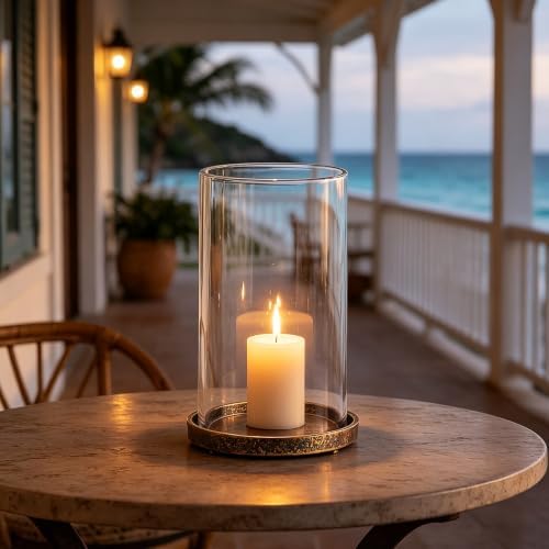 6.5" Wide Glass Hurricane Candle Holder with Cast Iron Base In Antique Gold For Pillar, Thick and Sturdy Glass Cylinder, Farmhouse, Shabby Chic For Mantels, Tabletops, Centerpieces, Entryways, Shelves - Image 3