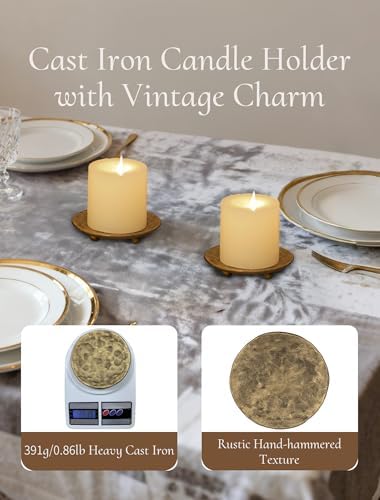 Gold Pillar Candle Holder: 4.6" Cast Iron Candle Tray and Plate - Image 2