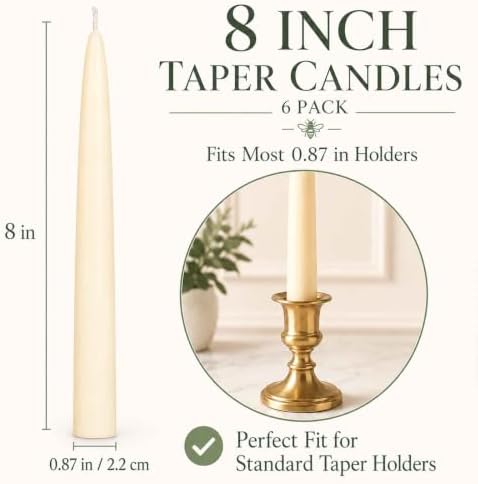White Beeswax Candles Taper,100% Natural,8 Inch,6 Pack,Up to 8 H,Non-Toxic - Image 3