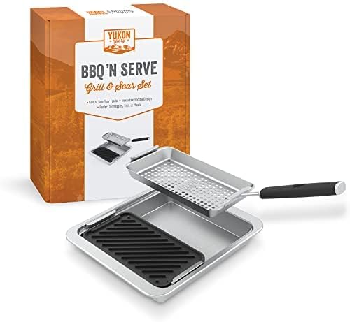 Yukon Glory Cast Iron & Stainless Grill Set | Grooved Cast Iron Pan, Stainless Serving Station & Clip-On Handle | Pre-Seasoned | Grill to Table | Gas, Charcoal & Campfire | Gift