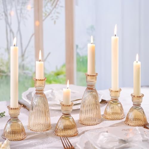 Gold Candlestick Holders Set of 6-4pcs 3.5"& 2pcs 6" Assorted Taper Candle Holder Centerpieces for Wedding, Ribbed Glass Candle Holders Bulk for Party Table Decor, Modern Home Decor - Image 6