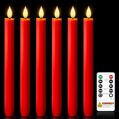 Homemory 6 Pcs Real Wax LED Red Flameless Taper Candles with Remote Timer, 9.6 Inches Fake Candlesticks, Dripless Battery Operated Window Candle with 3D Flickering Flame for Fireplace Xmas Decor by Homemory
