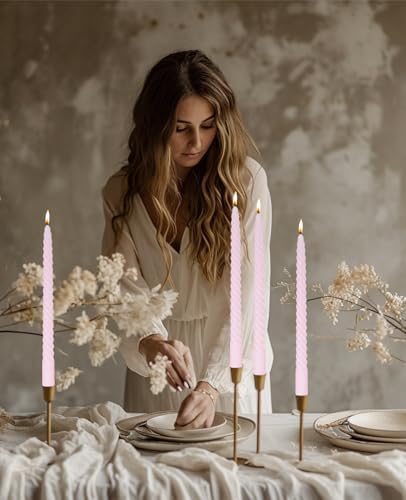 Light Pink Tall Taper Candles Spiral Candle Sticks,Unscented Pastel Candle for Holiday,Wedding and Home Decoration,10inch,12 Pack(E-Light Pink) - Image 4