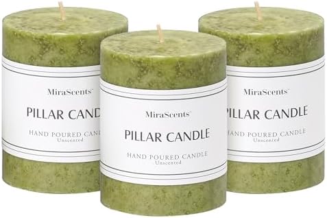3x4 Inch Green Pillar Candles Set of 3, Unscented Hand-Poured Pillar Candle by MiraScents