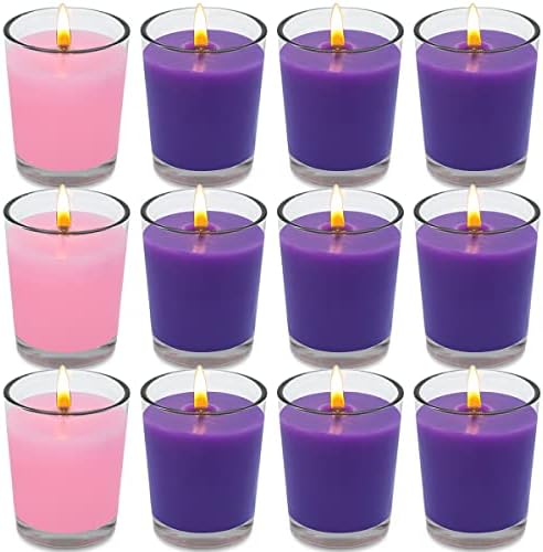 12 Packs Advent Candles with Clear Glass Holder, 9 Purple and 3 Pink Votive Candles, Unscented Seasonal Celebration Candles for Christmas Table Decoration, 1.8oz, KFUS-12VOT-ZIFEN by Unknown