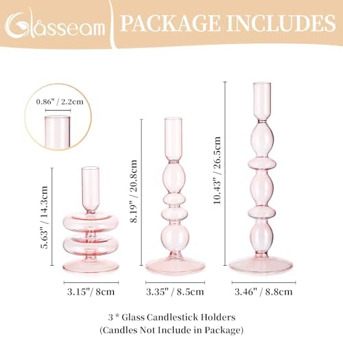Glasseam Pink Tapered Candlestick Holders 3Pcs Glass Taper for Table Decor - Image 5