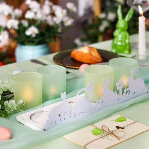 Spring Votive Candle Holder Set, Includes 4 Glass Candle Holders & 1 Wooden Tray with Metal Bunny Decor for Table Centerpiece Decorations and Indoor Outdoor Home Decor by Unknown