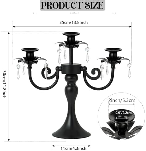 Metal 3 Arm Candelabra with Crystal Pendants - 11.8 Inch Tall Candle Holders, Set of 2 - Elegant Taper Candlestick Stand for Wedding, Dining Table, Christmas Party Home Decoration (2, Black) - Image 2