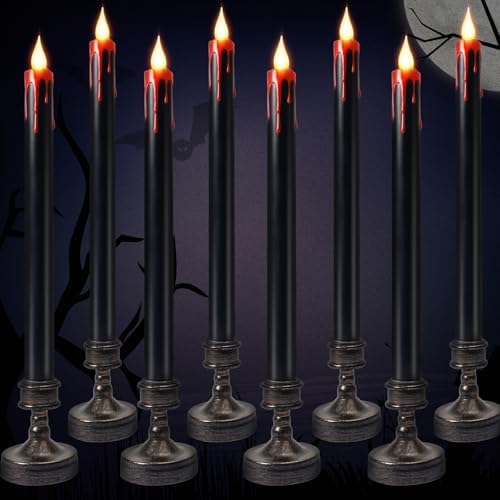 8 Pack Black Halloween Candles,Flameless Bleeding Taper Candles with Base by YUNVI