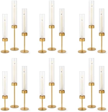 Set of 18 Glass Hurricane Candle Holders Gold Metal Base Taper by saiguomi