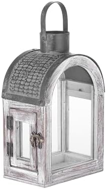 11" High Farmhouse Decorative Lanterns, Glass and Metal, Distressed White Wood Finish, Vintage Black Metal Top, Indoor Outdoor Candle Holders (Rustic White, 6"x4.4") by Unknown