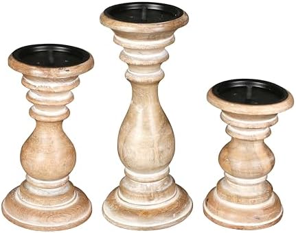 Pillar Candle Holders Set of 3 (10",8" & 6" Height)_White Wash,Candle Holder in Mango Real Wood,Decorative Candle Holders for Table Centerpiece, Wedding, Party, Home Décor, spa, Farmhouse, Gifting - Image 3