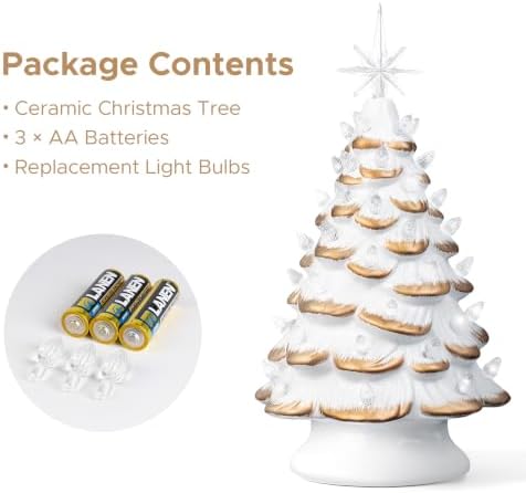 Sunlit 13'' Cordless Lighted Ceramic Christmas Tree Vintage Tabletop Christmas Decoration Pre-Lit Colorful Mini Light Bulbs Traditional AA Battery Operated LED - White and Gold - Image 2