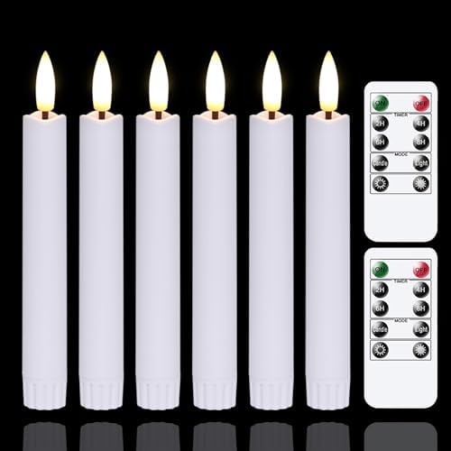 Yeelida Battery Operated Flameless Taper Candles with Two Remote Timer, 6.4" LED 3D-Wick Window Candles, Flickering Long-Lasting Warm Light Electric Pack of 6 Flameless Candlesticks (0.78" Dia, White) by Yeelida