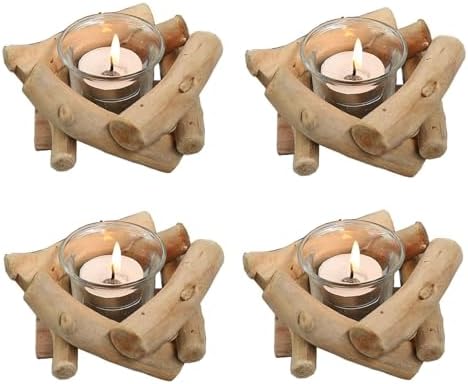 Sziqiqi Wooden Tea Light Candle Holder with Tealight Glass, Set of 4 by SZIQIQI