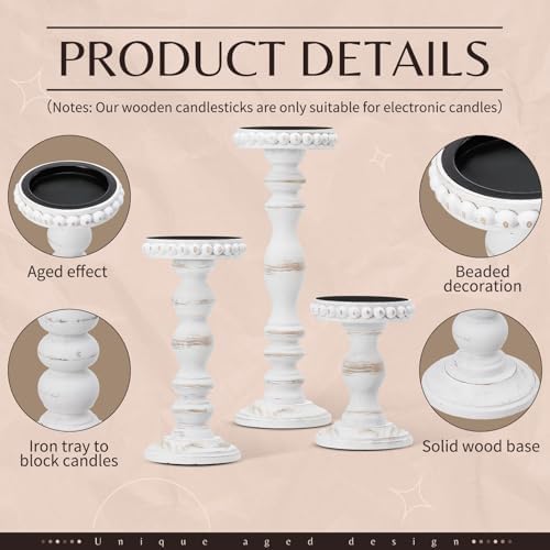 Mumufy 3 Set Wooden Candle Holders for Pillar Candles, White, Large - Image 3