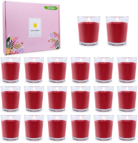 20 Packs Unscented Red Colored Votive Candles in Glass, Small 2 Inch Natural Soy Wax Non-Toxic Clean Burning Candles for Wedding Table Home Spa Holidays Party by VISIT+the+COSIKO