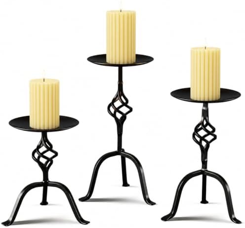 3 Pcs Black Iron Candlestick Holders 9.8, 8, 6.3 Inch, Retro by Ferrochef