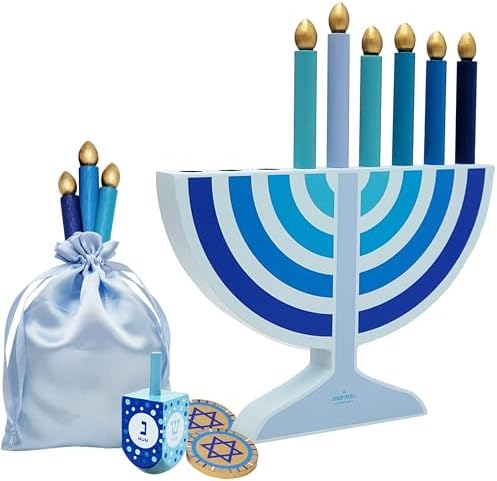 Mini Blue Hanukkah Menorah, 5" Inch Children Wooden Chanukah Menorah Set with Removable Wooden Candles, 3" Inch Dreidel, and Gelt Coins by TheDreidelCompany