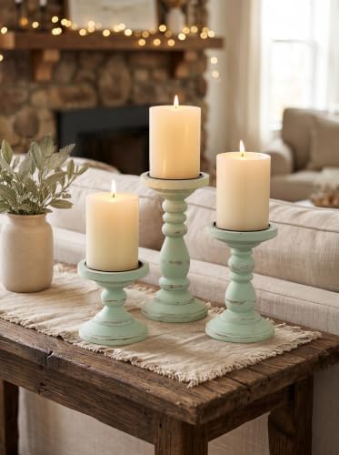 Wood Pillar Candle Holder: Distressed Sage Green Candle Stand - Image 5
