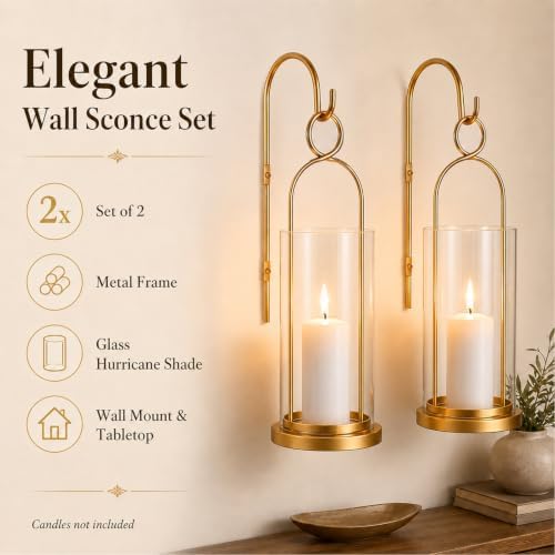 Gold Wall Candle Sconces Set of 2, Wall Candle Holder with Hurricane Glass - Image 5