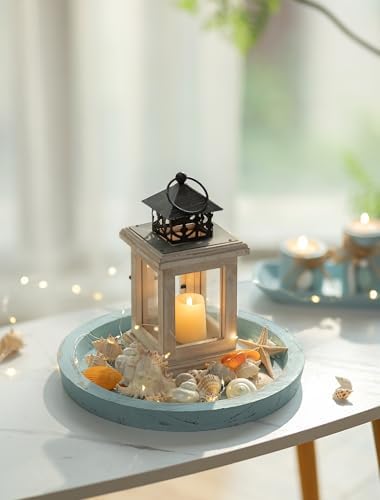 Hanobe Round Wood Candle Holder Tray, Ocean Blue Coastal Coffee Table Decor - Image 7