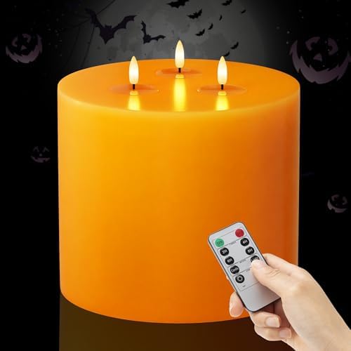 Orange Extra Large Flameless Candles, 6"x6" Battery Operated Candles with Remote, Real Wax Flickering LED Candles with 3 Wicks for Fall, Thanksgiving, Harvest, Halloween Decor by AFINETH