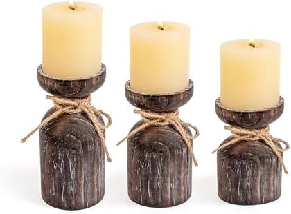 Farmhouse Wooden Candle Holders for Pillar Candles, Brown Distressed Set of 3 Rustic Wood Pillar Wood Candle Stands with Hemp Rope Bow Table Centerpiece Decor for Fireplace, Living, and Dining Room by WelcometoOKSQW